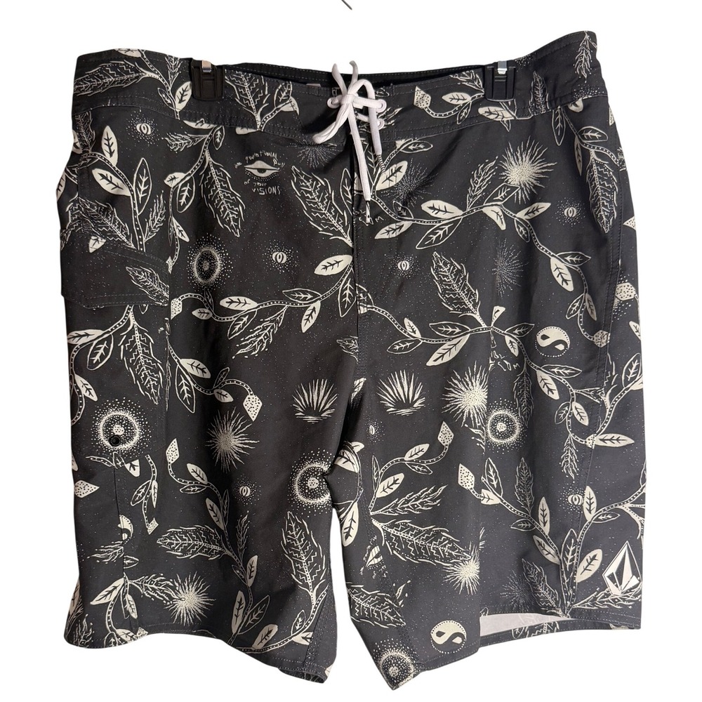 Volcom Mens Board Shorts Size 38 Black White Botanical Yin Yang Surf Trunks